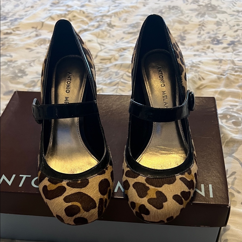 ANTONIO MELANI calf hair Leopard Print Mary Jane Heels with Patent Black Strap